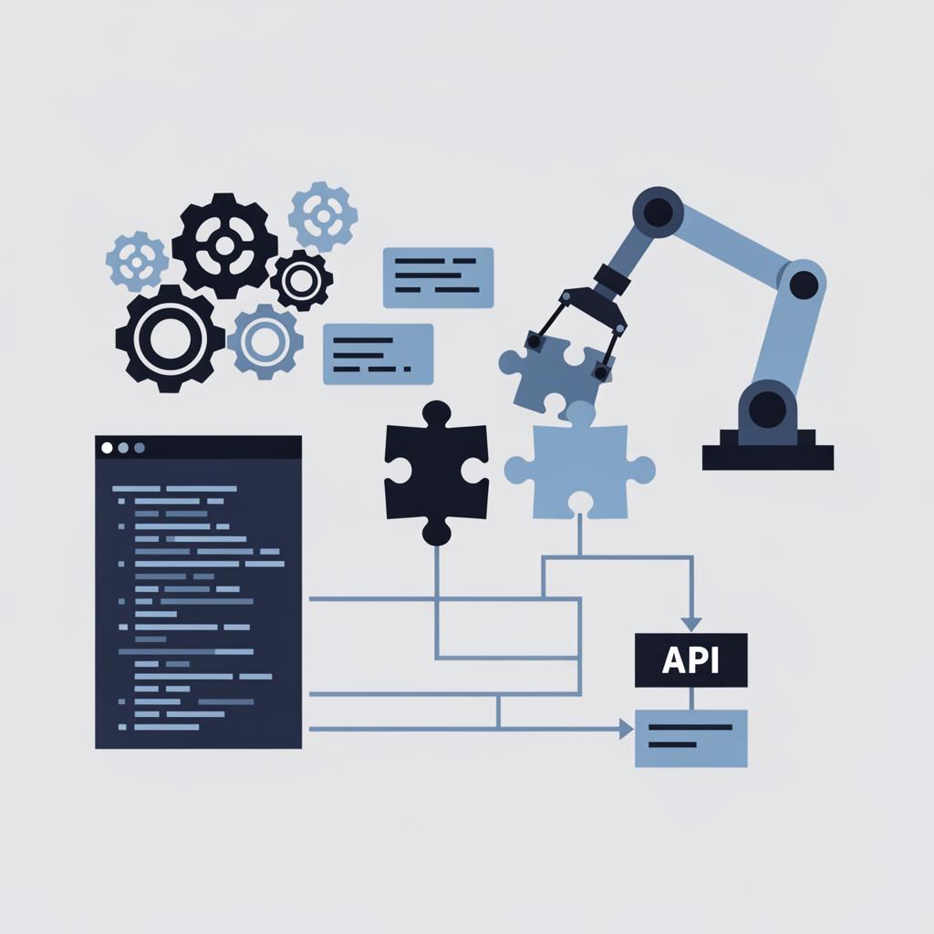 Grafisk illustration af AI-implementering med tandhjul, kodeblokke og API-forbindelser