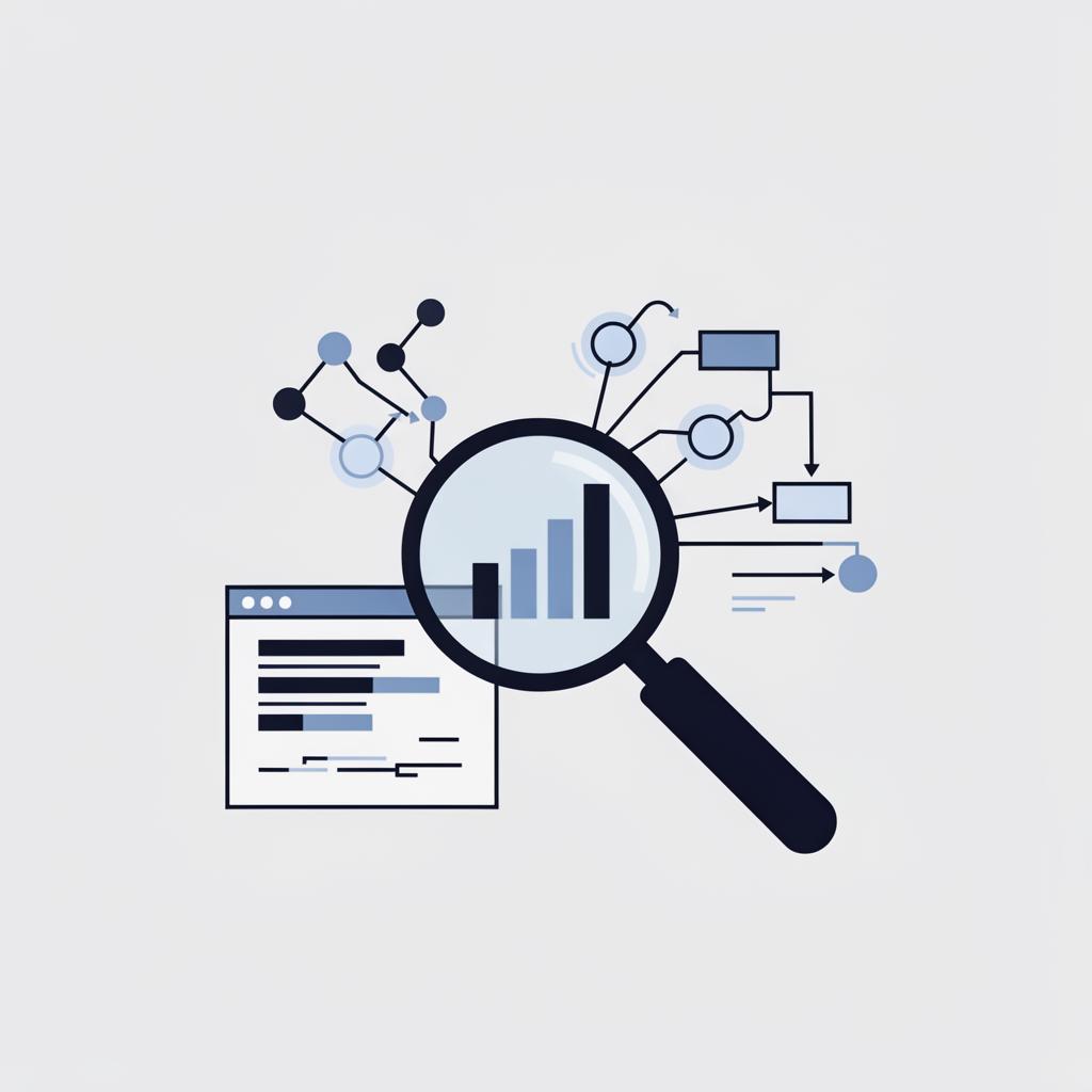Grafisk illustration af AI-rådgivning med lup over datacharts og procesdiagrammer