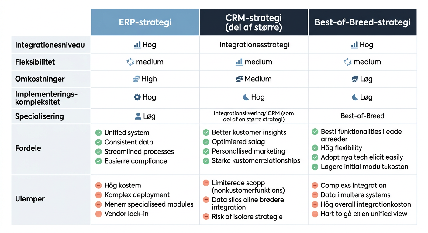 En sammenligningstabel eller et visuelt skema, der opsummerer de primære fordele og ulemper ved henholdsvis ERP-strategien, CRM-strategien (som en del af en samlet strategi) og Best-of-Breed strategien. Fokus på nøglepunkter som integration, fleksibilitet, omkostninger og kompleksitet.