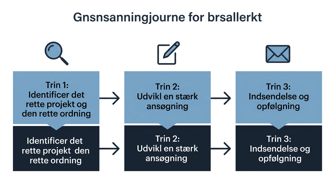 Et procesdiagram, der illustrerer de tre trin i ansøgningsprocessen: 'Trin 1: Identificer det rette projekt og den rette ordning', 'Trin 2: Udarbejd en stærk ansøgning' og 'Trin 3: Indsendelse og opfølgning'. Hvert trin kan have underpunkter eller ikoner, der symboliserer de vigtigste handlinger (f.eks. lup for identifikation, pen for udarbejdelse, kuvert for indsendelse).