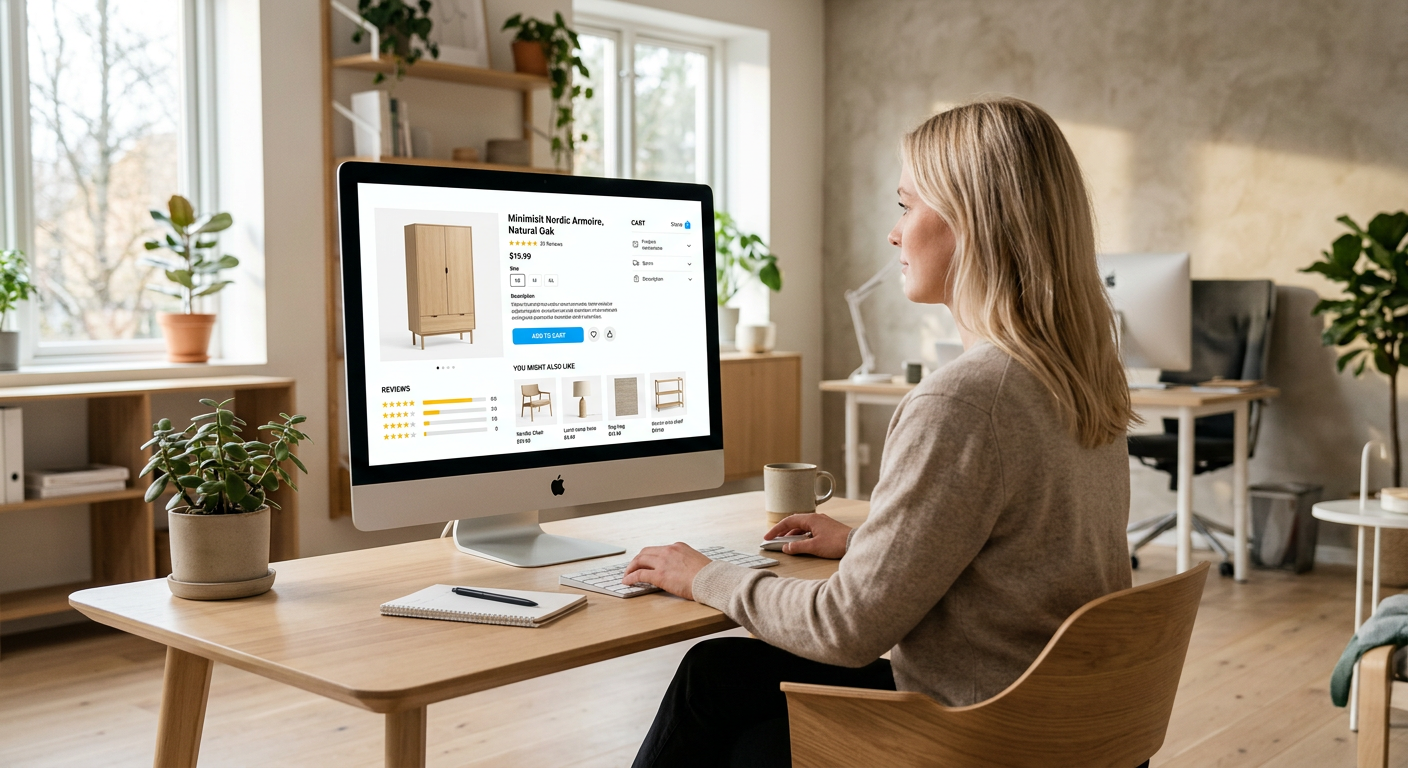 Et skærmbillede af en optimeret produktside på en webshop, der fremhæver de vigtigste elementer: et stort, klart produktbillede (f.eks. et møbel eller tøj), en tydelig 'Læg i kurv'-knap, pris, stjernebedømmelser/anmeldelser, en kort, overbevisende produktbeskrivelse og relaterede produkter. Fokus skal være på et rent, brugervenligt design.