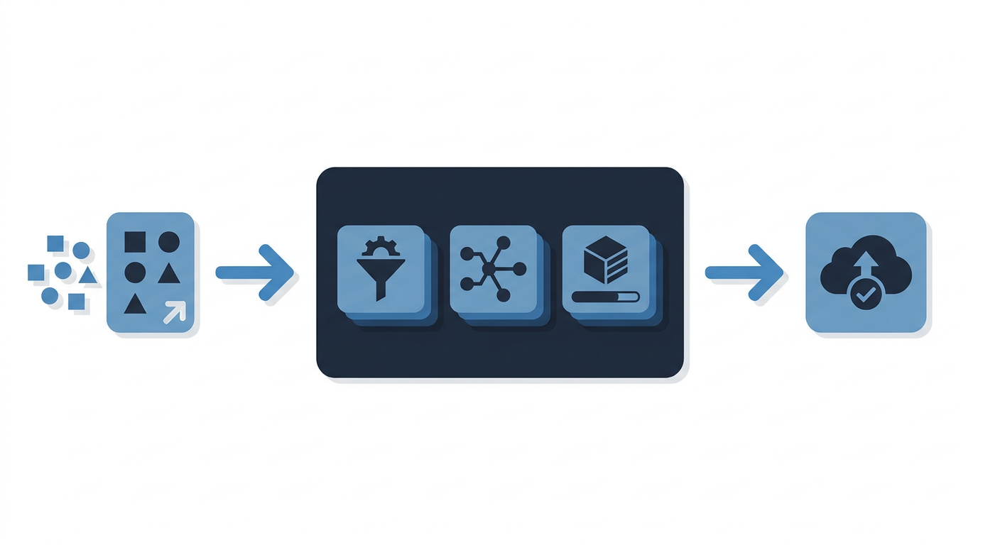 Et diagram, der illustrerer en forenklet AI-udviklingsproces med AutoML, hvor data input fører til en automatiseret modeltræning og derefter til en implementeret løsning, med fokus på hurtighed og enkelhed.