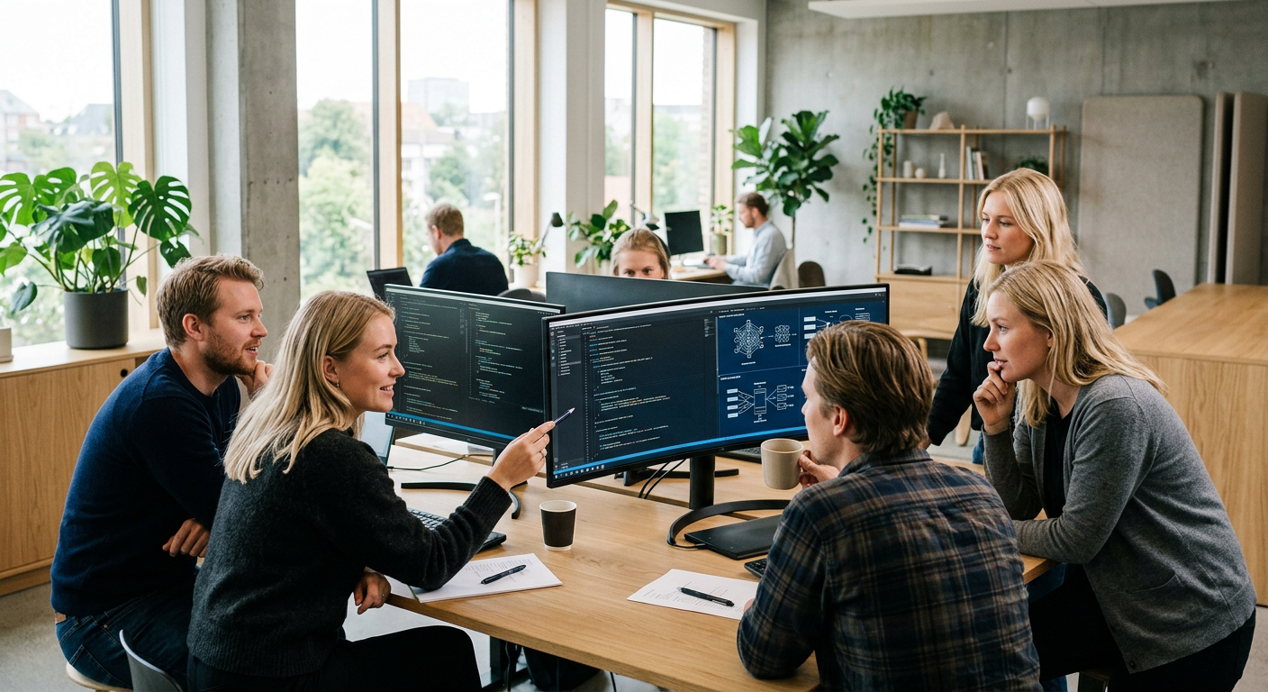Et billede af et team af skandinaviske udviklere, der samarbejder foran computerskærme i et moderne, lyst kontormiljø. De diskuterer og koder, hvilket symboliserer intern udvikling og kontrol over AI-løsninger.