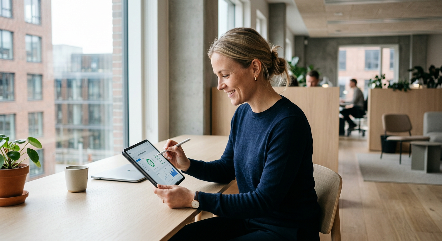 Et billede af en skandinavisk forretningsperson (mand eller kvinde) der hurtigt og effektivt integrerer en AI-løsning på en tablet eller laptop, med fokus på brugervenlighed og hurtig implementering. Måske med et smil, der indikerer tilfredshed med den nemme proces.