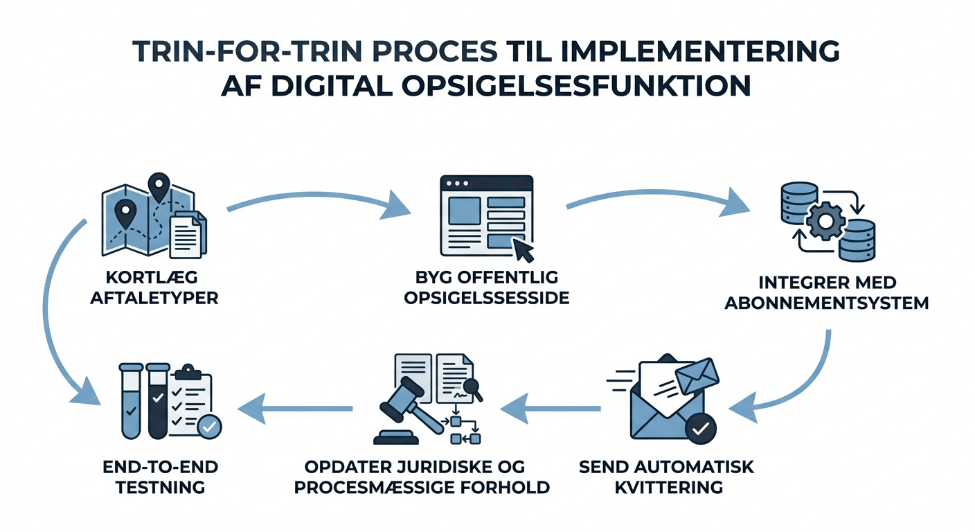 Et procesdiagram, der viser de seks trin til implementering af den digitale fortrydelsesfunktion, fra kortlægning til test.