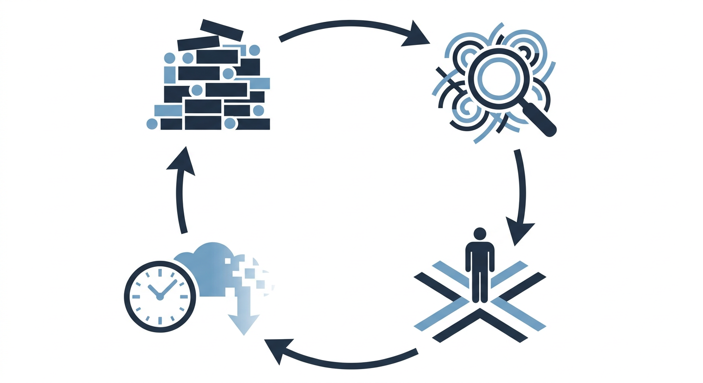 Et diagram, der illustrerer cyklussen af 'analysis paralysis': startende med 'for meget data', der fører til 'overanalyse', derefter 'beslutningslammelse', og til sidst 'forspildte muligheder', som igen kan føre til et ønske om mere data for at undgå fejl.
