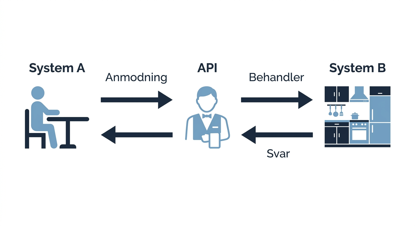 Et diagram der illustrerer API-konceptet med en tjener (API) der tager imod en ordre (request) fra en kunde (system A), går til køkkenet (system B), og leverer maden (response) tilbage til kunden. Vis tydeligt 'System A', 'API' og 'System B'.