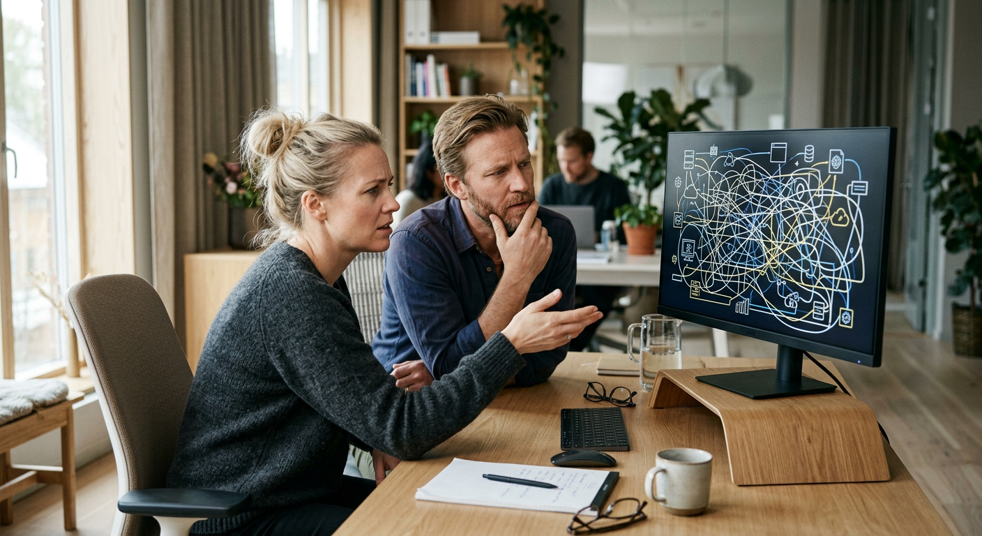 Et foto af et moderne, lyst skandinavisk kontormiljø, hvor to kolleger (nordisk udseende) sidder ved en computer og diskuterer en kompleks skærm med mange sammenfiltrede linjer, der symboliserer en 'spaghetti-arkitektur' af integrationer. De ser let frustrerede ud, men engagerede i at finde en løsning.