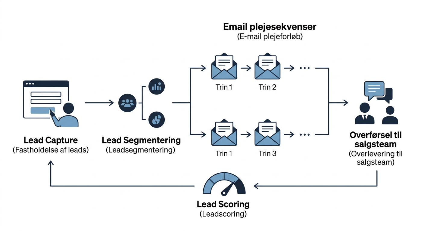 Et procesdiagram, der illustrerer et typisk marketing automation flow for B2B. Startende med lead capture (f.eks. via websiteformular), efterfulgt af segmentering baseret på adfærd, derefter automatiserede e-mailsekvenser (nurturing), lead scoring, og til sidst overlevering til salgsteamet. Pilene skal tydeligt vise flowet.