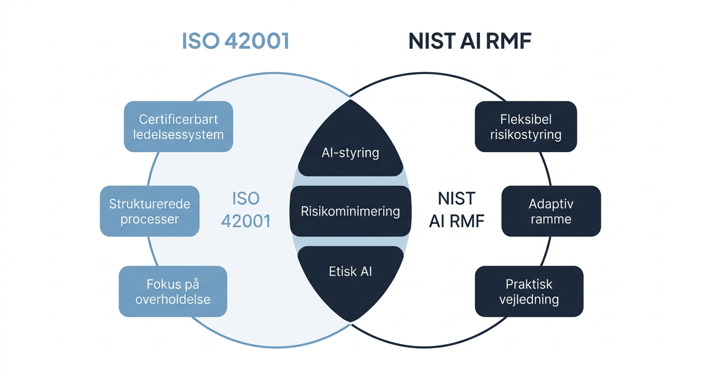 En sammenligningstabel eller et VENN-diagram, der visuelt fremhæver de primære forskelle og ligheder mellem ISO 42001 og NIST AI RMF. Den skal vise, at ISO 42001 er et certificerbart ledelsessystem, mens NIST AI RMF er et fleksibelt risikostyringsframework. Nøgleord som 'Certificering', 'Ledelsessystem', 'Risikostyring', 'Fleksibilitet' og 'Compliance' bør indgå.