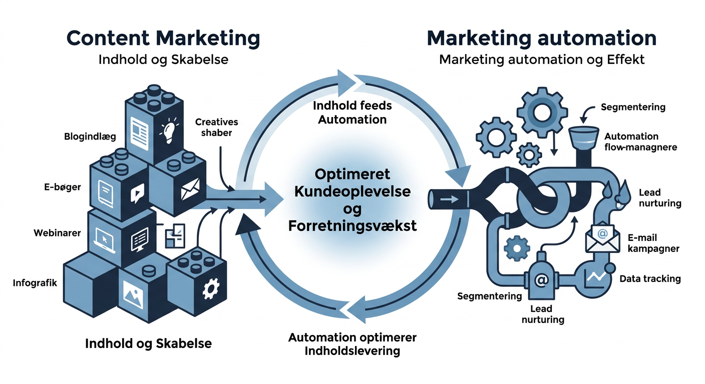 Et konceptuelt diagram, der viser synergi mellem marketing automation og content marketing. Content marketing skaber indholdet (repræsenteret som byggeklodser), som marketing automation distribuerer og personaliserer (repræsenteret som et system med tandhjul eller flow). De to elementer skal flettes sammen for at vise, hvordan de forstærker hinanden, med et centralt punkt, der symboliserer 'Forbedret kundeoplevelse' eller 'Vækst'.