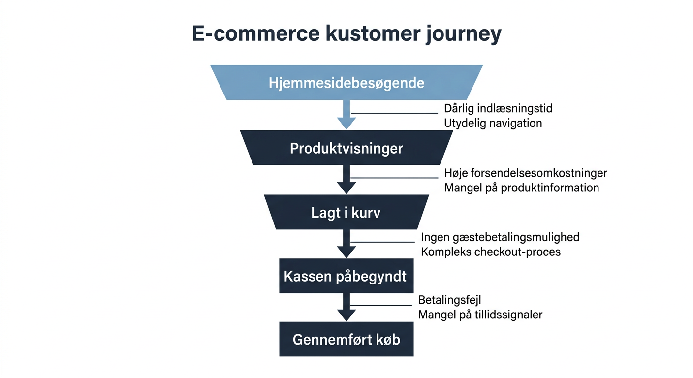 Et procesdiagram, der viser en tragt (funnel) med de forskellige faser af en kunderejse på en webshop, fra besøgende til konvertering. Hver fase skal vise relevante målepunkter som 'Besøgende', 'Produktsidevisninger', 'Tilføjet til kurv', 'Checkout startet' og 'Køb gennemført', med angivelse af potentielle 'flaskehalse' eller 'drop-off points' mellem faserne.